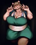  anthro big_breasts black_background braided_hair breasts claws cleavage clothed clothing curvy_figure eyes_closed felid female hair hi_res huge_breasts mammal mature_female morokko musclegut muscular muscular_female pantherine pawpads simple_background smile solo thick_thighs tiger voluptuous wide_hips wiger 