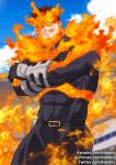  1boy abs bara beard belt blurry blurry_background bodysuit boku_no_hero_academia cloud cloudy_sky covered_abs crossed_arms embers facial_hair fire gloves gumroad_username kienbiu long_sleeves looking_at_viewer male_focus manly muscle patreon_username simple_background sky solo tight todoroki_enji toned toned_male twitter_username upper_body 