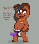  2020 brown_body canid canine canis collar dialogue diaper diaper_fetish dildo domestic_dog english_text female grey_background hi_res kircai mammal sex_toy simple_background solo standing strapon text 