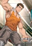  1boy arm_up armpit_hair armpits bara biceps brown_eyes brown_hair cable chest earrings gumroad_username gundam gundam_tekketsu_no_orphans holding jewelry kienbiu looking_at_viewer looking_down male_focus manly muscle norba_shino orange_tank_top pants patreon_username pectorals power_lines revealing_clothes smile solo standing tank_top towel twitter_username wire 