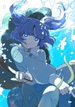  1girl air_bubble bangs blue_eyes blue_hair blue_theme blunt_bangs bubble crossed_arms dress floating_hair glowing glowing_eyes hat highres joniko1110 kawashiro_nitori long_sleeves looking_at_viewer puffy_long_sleeves puffy_sleeves reeds seaweed sketch smile touhou twintails underwater 