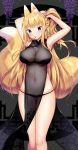  1girl animal_ears armpits arms_up ass_visible_through_thighs bare_arms bare_legs bare_shoulders black_bra black_dress black_panties blonde_hair blue_eyes blurry blurry_background blush bra braid breasts china_dress chinese_clothes cleavage closed_mouth dress feet_out_of_frame floral_print flower fox_ears fox_girl fox_tail grey_background hairclip_removed highres holding holding_hair large_breasts light_smile lipstick long_hair looking_at_viewer makeup micro_panties miyano_ururu mouth_hold multiple_tails navel original panties pelvic_curtain purple_flower revealing_clothes see-through side_braid skindentation sleeveless sleeveless_dress solo standing tail thigh_gap toggles twin_braids two_tails tying_hair underwear very_long_hair wisteria 