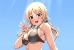  1girl bikini black_bikini blonde_hair blue_eyes eyebrows_visible_through_hair hachimiya_meguru hairband hiiragi_hajime idolmaster idolmaster_shiny_colors long_hair looking_at_viewer low_twintails open_mouth swimsuit twintails upper_body waving 