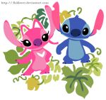  2012 alien angel_(lilo_and_stitch) antennae_(anatomy) black_eyes blue_body blue_fur blue_nose claws disney duo experiment_(lilo_and_stitch) fishlover fur leaf lilo_and_stitch lineless long_ears notched_ear pink_body pink_fur pink_inner_ear purple_nose signature simple_background stitch_(lilo_and_stitch) text toe_claws url white_background 
