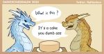  ambiguous_gender blue_body blue_tongue cake comic darkenstardragon dragon duo english_text feral food furniture horn humor icewing_(wof) male male/male qibli_(wof) sandwing_(wof) scar simple_background spikes table tan_background text tongue wings_of_fire winter_(wof) yellow_body 