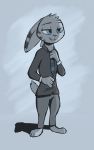  anthro barefoot blue_eyes clothing disney ears_back enginetrap facial_markings fur grey_background grey_body grey_fur head_markings hi_res jack_savage lagomorph leporid male mammal markings necktie pivoted_ears rabbit shadow simple_background smile solo standing suit zootopia 