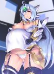  1girl absurdres ahoge blue_hair breasts commentary_request eyepatch forehead_protector gacchu gloves highres kos-mos kos-mos_ver._4 large_breasts long_hair nipples panties pregnant red_eyes thighs underwear xenosaga 
