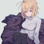  1girl ahoge arcueid_brunestud auru_t bangs black_legwear blonde_hair breasts eyebrows_visible_through_hair feet hair_between_eyes knee_up large_breasts long_skirt long_sleeves looking_at_viewer pantyhose purple_skirt red_eyes short_hair sidelocks simple_background sitting sitting_on_floor skirt smile solo sweater tsukihime turtleneck white_background white_sweater 