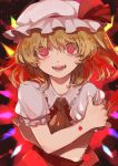  1girl blonde_hair blood blood_splatter breasts constricted_pupils fangs flandre_scarlet floating_hair frilled_skirt frills hat highres joniko1110 looking_at_viewer medium_breasts mob_cap open_mouth puffy_short_sleeves puffy_sleeves red_eyes self_hug short_sleeves skirt smile solo touhou upper_body wings 