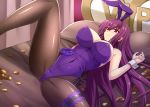  1girl animal_ears ass bed breasts bunny_ears bunnysuit cameltoe cleavage coin covered_navel fate/grand_order fate_(series) fishnet_legwear fishnets flower hair_between_eyes hellandheaven highres leg_garter leg_up leotard long_hair lying money on_back on_bed open_mouth paid_reward pantyhose patreon_reward pillow purple_hair red_eyes scathach_(fate)_(all) scathach_(fate/grand_order) smile solo spread_legs thighs wrist_cuffs 