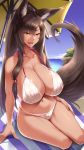  1girl :d absurdres animal_ear_fluff animal_ears arm_support armpits bangs bare_legs bare_shoulders barefoot beach beach_towel beach_umbrella bikini blue_sky blush breasts brown_hair cleavage cloud cloudy_sky collarbone dark_skin day eyebrows_visible_through_hair fanbox_reward fangs fox_ears fox_girl fox_tail groin hair_between_eyes hair_bobbles hair_ornament halter_top halterneck hand_on_hip highres horizon huge_breasts large_breasts long_hair looking_at_viewer makeup maman_(shuugetsu_karasu) mascara mat midriff mole mole_under_eye navel ocean open_mouth original outdoors paid_reward rock sagging_breasts sand shiny shiny_skin shuugetsu_karasu sidelocks sitting sky smile solo stomach string_bikini sweat swimsuit tail tail_raised tan thighs towel tree umbrella very_long_hair water white_bikini wide_hips yellow_eyes yokozuwari 