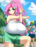  1girl 2girls armband ass bike_shorts bottle breasts cameltoe cloud cloudy_sky day drinking exercise fluttershy green_eyes highres holding holding_bottle huge_breasts long_hair multicolored_hair multiple_girls my_little_pony my_little_pony_friendship_is_magic outdoors parted_lips personification pink_hair rainbow_dash rainbow_hair senria shorts skin_tight sky solo_focus stretch tank_top water_bottle 