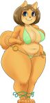  anthro belly big_breasts bikini blue_eyes breasts brown_hair buckteeth canid canine canis chubby_female cleavage clothed clothing deep_navel domestic_dog female fur hair hi_res huge_hips huge_thighs june_(jinu) lyn_nyl mammal navel nipple_outline orange_body orange_fur shiba_inu simple_background skimpy slightly_chubby smile solo spitz standing swimwear teasing teeth thick_thighs three-quarter_view white_background wide_hips 
