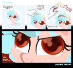  blue_hair bow comic cozy_glow_(mlp) dialogue english_text equid equine female feral freckles friendship_is_magic hair hi_res humanoid_hands juanita_taylor mammal my_little_pony pegasus pink_body red_eyes sitting smile text wings young 