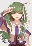  1girl arm_over_head arm_up detached_sleeves gohei green_eyes green_hair grey_background hair_tubes highres joniko1110 kochiya_sanae long_hair looking_at_viewer simple_background smile solo touhou upper_body very_long_hair wide_sleeves 