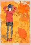  1girl adjusting_hair autumn autumn_leaves bangs black_eyes black_hair black_shorts blunt_bangs dithered_background dithering english_text full_body ginkgo_leaf grey_legwear hair_ornament hair_scrunchie highres leaf looking_to_the_side maple_leaf orange_theme original pantyhose ponytail red_footwear red_shirt scrunchie shadow shirt shorts slippers solo standing sw.31 