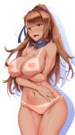  1girl absurdres arm_under_breasts arms_under_breasts asymmetrical_bangs bangs bare_shoulders beatrix_(granblue_fantasy) bikini_tan blue_ribbon blush breast_hold breasts brown_eyes brown_hair collarbone cowboy_shot detached_collar eyebrows_visible_through_hair fanbox_reward fang flying_sweatdrops granblue_fantasy groin hair_between_eyes hair_ornament hair_ribbon hair_scrunchie highres large_breasts legs_together long_hair looking_at_viewer navel nipples nude open_mouth paid_reward ponytail pussy ribbon scrunchie shuugetsu_karasu sidelocks simple_background skin_fang solo standing stomach swept_bangs tan tanline thighs white_background 