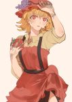  1girl aki_minoriko arm_over_head arm_up beige_background blonde_hair blush cowboy_shot dirty highres holding_vegetable joniko1110 open_collar red_eyes simple_background skirt sleeves_pushed_up solo suspender_skirt suspenders sweat tomato touhou 