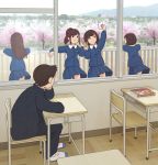  1boy 4girls :d blue_skirt book brown_hair cellphone chair cherry_blossoms classroom day desk fence hands_up kiyo_(kyokyo1220) long_hair long_sleeves looking_at_another multiple_girls open_mouth original phone school_desk school_uniform short_hair sidelocks sitting skirt smile taking_picture v white_footwear wind window wooden_floor 