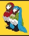  2girls asaiasa0 blue_eyes blue_hair boots expressionless eye_print full_body gloves green_hair green_hoodie gumi hands_on_own_cheeks hands_on_own_face hatsune_miku headphones high_heel_boots high_heels hood hooded_sweater kneehighs long_hair looking_up matryoshka_(vocaloid) multicolored multicolored_eyes multiple_girls parted_lips red_eyes red_hoodie red_sweater squatting striped striped_legwear sweater teeth_print twintails very_long_hair vocaloid white_skin yellow_background 