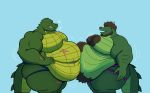  absurd_res alligator alligatorid anthro belly belly_scales belly_squish blue_clothing body_hair clothed clothing crocodilian duo finger_claws green_body green_scales green_tail grin hair hi_res jeffieb19 male open_mouth overweight reptile scales scalie scar side_view smile squish topless 