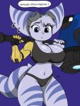  3:4 anthro big_breasts blue_eyes bra breasts clothed clothing digital_media_(artwork) ear_piercing eyewear female fur goggles goggles_on_head hair hammer hi_res lombax looking_at_viewer mammal nr_ac panties piercing prosthetic prosthetic_arm prosthetic_limb ratchet_and_clank rift_apart_lombax simple_background solo speech_bubble sports_bra stripes text thick_thighs tools underwear video_games 