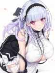  1girl anchor_choker apron azur_lane bangs bare_shoulders black_hairband black_skirt blue_ribbon blunt_bangs blush breasts center_frills choker cuffs dido_(azur_lane) dress frilled_choker frills hair_ribbon hairband highres kneeling large_breasts leaning_forward long_hair looking_at_viewer maid parted_lips purple_eyes ribbon skirt smile thighhighs underboob underboob_cutout untue waist_apron white_apron white_hair white_legwear 