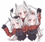  3girls :d animal_ear_fluff animal_ears arm_garter black_gloves black_neckwear black_tail blush breast_grab breasts cerberus_(helltaker) collared_shirt commentary_request demon_girl demon_tail dog_ears dog_girl eyebrows_visible_through_hair fang fork gloves grabbing grin hand_on_another&#039;s_head hand_on_breast helltaker highres knife long_hair looking_at_viewer low-tied_long_hair medium_breasts multiple_girls necktie neckwear nwon&#039;yo_pasun open_mouth red_eyes red_shirt shirt siblings simple_background sisters small_breasts smile tail triplets upper_body waistcoat white_background white_hair 