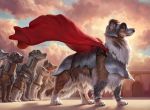  2020 4_toes ambiguous_gender armor brown_body brown_fur canid canine canis caraid day detailed_background digital_media_(artwork) domestic_dog feral fur group mammal outside sky toes white_body white_fur 