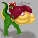  1:1 accessory alligator alligatorid anthro big_breasts bodily_fluids breasts crocodilian female genitals hair_accessory hair_bow hair_ribbon hi_res huge_breasts hyper hyper_breasts lactating murrfur non-mammal_breasts pussy reptile ribbons scalie solo 