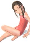  1girl barefoot braid brown_eyes foot_out_of_frame highres looking_at_viewer original red_swimsuit school_swimsuit simple_background sitting smile solo swimsuit twin_braids uzuki_mei white_background 