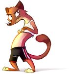  2016 anthro barefoot bottomwear brown_body brown_fur cheek_tuft clothed clothing disney duke_weaselton facial_tuft fur head_tuft light lighting mammal mustela mustelid musteline nexeron red_eyes shorts simple_background solo standing tuft whiskers white_background zootopia 