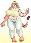  anthro barefoot big_breasts blonde_hair braided_hair breasts claws clothed clothing curvy_figure felid female gradient_background hair hi_res huge_breasts mammal mature_female morokko musclegut muscular muscular_female pantherine pawpads simple_background slightly_chubby stripes thick_thighs tiger under_boob voluptuous wide_hips 