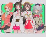  4girls anno88888 aquila_(kantai_collection) bangs beret black_hair blue_eyes blush breasts character_name detached_sleeves epaulettes eyebrows_visible_through_hair fusou_(kantai_collection) garter_straps grey_hair hair_ornament hairclip haruna_(kantai_collection) hat headgear highres japanese_clothes kantai_collection kashima_(kantai_collection) large_breasts long_hair long_sleeves multiple_girls nontraditional_miko one_eye_closed open_mouth orange_hair ponytail red_eyes red_skirt ribbon-trimmed_sleeves ribbon_trim simple_background skirt smile thighhighs wide_sleeves 
