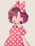  1girl bow brown_eyes brown_hair disney dress hair_bow hairband kiri_futoshi looking_to_the_side minnie_mouse open_mouth personification polka_dot polka_dot_dress puffy_short_sleeves puffy_sleeves short_sleeves signature smile solo upper_body 