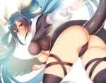  1girl ass asymmetrical_wings black_panties boots breasts dizzy_(guilty_gear) guilty_gear guilty_gear_x guilty_gear_xx hair_ribbon kokouno_oyazi looking_at_viewer looking_back monster_girl panties puffy_sleeves red_eyes ribbon skindentation solo tail thick_thighs thigh_boots thighhighs thighs twintails underboob underwear wings yellow_ribbon 
