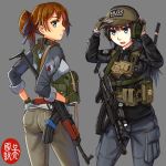  2girls assault_rifle bangs black_hair blue_eyes blunt_bangs brown_hair cowboy_shot eyebrows_visible_through_hair glock gloves green_eyes gun hair_between_eyes handgun headphones highres holster holstered_weapon long_hair looking_at_viewer magazine_(weapon) medium_hair multiple_girls ndtwofives open_mouth original pants pistol plate_carrier ponytail radio rifle shirt sleeves_rolled_up standing teeth tongue weapon 