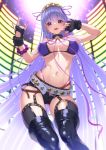  1girl \m/ absurdres ass_visible_through_thighs bb_(fate)_(all) bb_(swimsuit_mooncancer)_(fate) bikini black_footwear black_gloves black_shorts boots bow breasts cowboy_shot earrings fate/grand_order fate_(series) fingerless_gloves gloves hair_ribbon highres jewelry large_breasts long_hair looking_at_viewer micro_shorts navel pink_bow pink_ribbon purple_bikini purple_eyes purple_hair rainbow_order ribbon saruchitan shiny shiny_skin shorts smile solo standing star_(symbol) star_earrings swimsuit thigh_boots thighhighs very_long_hair 