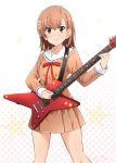  1girl bang_dream! brown_eyes brown_hair commentary_request cosplay cowboy_shot diesel-turbo electric_guitar guitar hanasakigawa_school_uniform highres instrument looking_at_viewer misaka_mikoto polka_dot polka_dot_background school_uniform short_hair solo to_aru_kagaku_no_railgun to_aru_majutsu_no_index white_background 