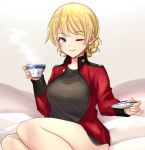  1girl bangs bed_sheet black_shirt blue_eyes braid closed_mouth commentary cup darjeeling_(girls_und_panzer) epaulettes eyebrows_visible_through_hair girls_und_panzer holding holding_cup holding_saucer ichinose_yuu jacket light_smile long_sleeves looking_at_viewer military military_uniform no_pants on_bed one_eye_closed red_jacket saucer shirt short_hair sitting solo st._gloriana&#039;s_military_uniform steam teacup tied_hair twin_braids uniform yokozuwari 