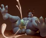  3d_(artwork) abs anthro back_muscles balls big_balls big_butt big_pecs big_penis bodily_fluids butt claws cum digital_media_(artwork) dragon ejaculation erection feet genital_fluids genitals hi_res horn looking_away lots_of_cum male moreuselesssource muscular muscular_male orgasm pecs penis reptile scalie sitting solo surprise 