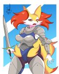  2019 5_fingers anthro armor braixen breasts cheek_tuft dipstick_tail facial_tuft female fingers frown fur hi_res holding_object holding_weapon inner_ear_fluff jmf melee_weapon multicolored_tail nintendo pok&eacute;mon pok&eacute;mon_(species) red_body red_eyes red_fur simple_background skimpy_armor solo sword tuft unconvincing_armor video_games weapon white_body white_fur yellow_body yellow_fur 