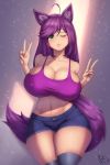 5_fingers ahoge animal_humanoid bottomwear breasts canid canid_humanoid canine canine_humanoid cleavage clothed clothing coffeeslice crop_top curvaceous curvy_figure denim denim_clothing double_v_sign female fingers front_view fur gesture green_eyes hair hi_res hotpants humanoid inner_ear_fluff legwear light_skin long_hair looking_at_viewer mammal mammal_humanoid midriff monotone_hair navel nipple_outline one_eye_closed purple_body purple_fur purple_hair shirt shorts simple_background skimpy small_waist smile solo sparkles standing thick_thighs topwear tuft v_sign voluptuous wide_hips wink 
