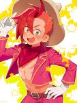  1boy belt disney earrings fang gloves green_eyes hat jacket jewelry kiri_futoshi male_focus multicolored_hair navel neckerchief open_clothes open_jacket open_mouth orange_hair panchito_pistoles personification red_hair smile solo sombrero stud_earrings twitter_username two-tone_hair upper_body white_gloves 