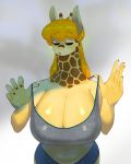 2020 5_fingers anthro big_breasts blonde_hair bra breasts cat_pepper cleavage clothed clothing eyes_closed female fingers fur giraffe giraffid hair hi_res horn huge_breasts kemono long_hair long_neck mammal midriff navel ossicone solo sports_bra underwear yellow_body yellow_fur 