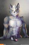  2018 absurd_res anthro balls bitfang black_nose black_penis canid canine canis digital_drawing_(artwork) digital_media_(artwork) erection eye_patch eyewear fur genitals glans hi_res humanoid_genitalia humanoid_penis looking_at_viewer male mammal muscular muscular_male nintendo nipples nude pecs penis pink_glans simple_background smile solo star_fox uncut video_games white_balls wolf wolf_o&#039;donnell 