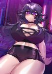  1girl :o absurdres ahoge bare_shoulders black_choker breasts choker city cityscape highres huge_breasts lewdweather long_hair nyarla_(osiimi) original osiimi purple_eyes purple_hair sidelocks thick_thighs thighs 