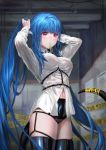  1girl absurdres belt black_legwear black_panties blue_hair blush breasts caution_tape dizzy_(guilty_gear) english_text eyebrows_visible_through_hair guilty_gear hair_down highres keep_out large_breasts long_hair looking_at_viewer navel oohhya panties paper red_eyes solo tail thigh_strap thighhighs underwear 