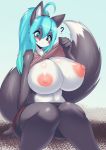  ? anthro big_breasts blush bodily_fluids breasts canid canine canis clothing domestic_dog hanul hi_res huge_breasts looking_at_viewer mammal navel nipples solo sweat tailzkim 