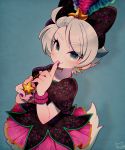  1girl blue_background blue_eyes bow daisy_duck disney eyebrows_visible_through_hair eyeshadow feathers finger_to_mouth hair_bow hair_feathers jewelry kiri_futoshi makeup necklace personification purple_nails silver_hair smile solo star_(symbol) star_necklace starfish_hair_ornament 
